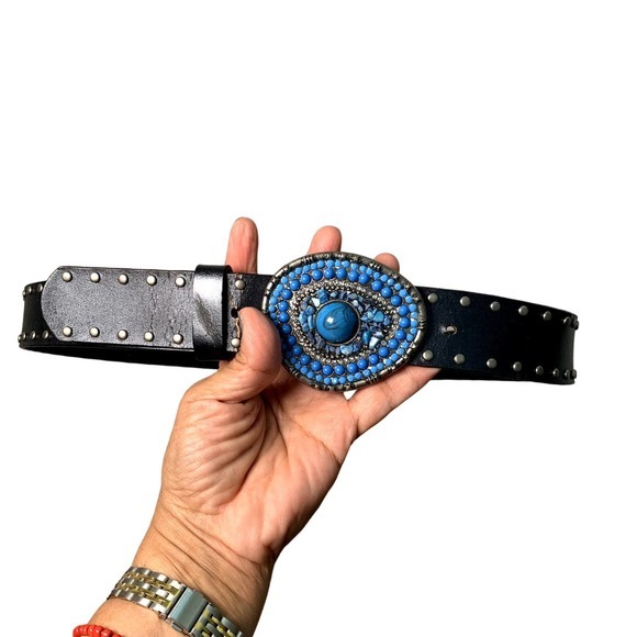 Black Bonded Leather Belt with Silver Studs & Blue Turquoise stone Belt Sz L - Picture 3 of 5